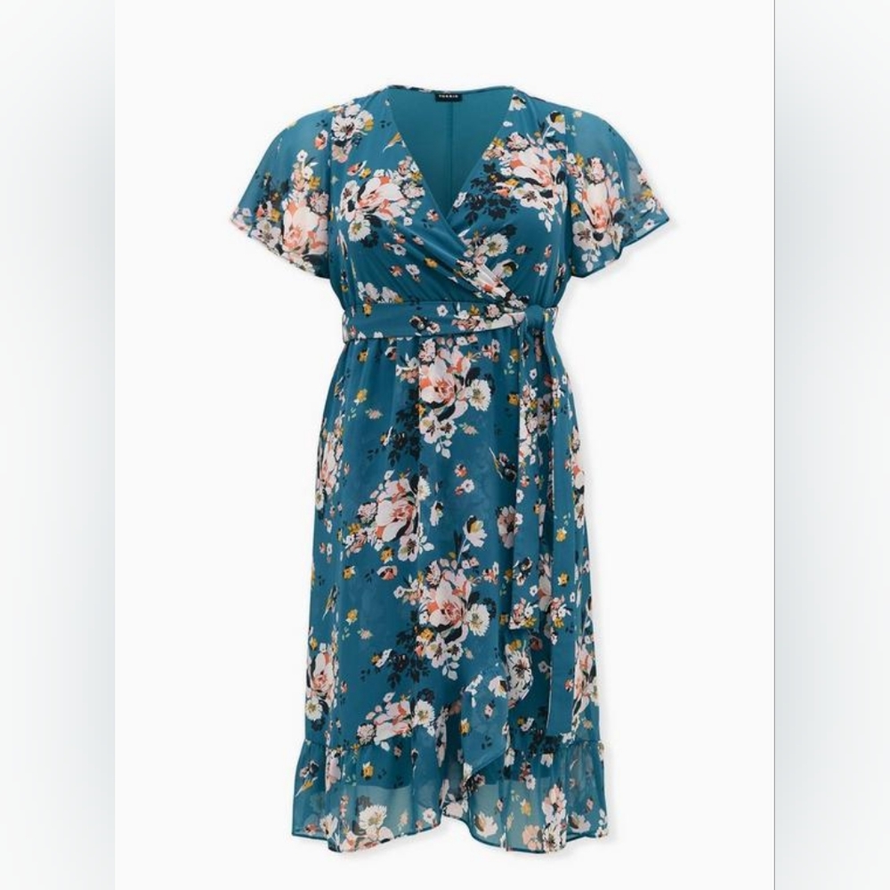 TEAL FLORAL CHIFFON WRAP DRESS Torrid sz 3 NWT!